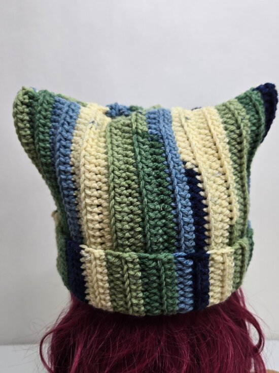Handmade Crochet Cat Ear Beanie, Striped Acrylic Kitty Hat main image 8